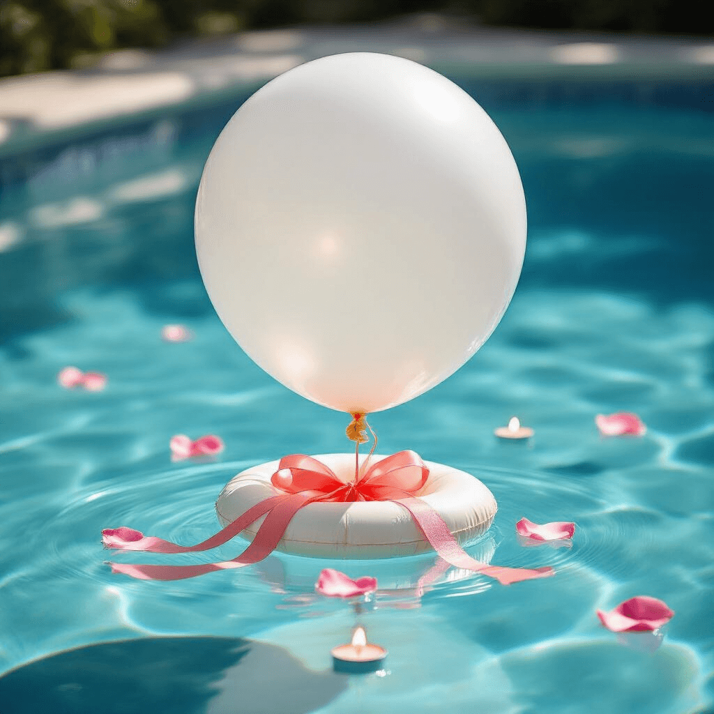 Pool Balloons: Everything You Need to Know About Floating Party Decor That Actually Stays Put Close-up of a professional pool balloon anchoring system featuring a 36-inch white balloon, heavy-duty fishing line, and coral cream ribbon streamers, all illuminated by soft natural sunlight over crystal-clear water with a blue-tiled bottom, complemented by scattered rose petals and LED tea lights.