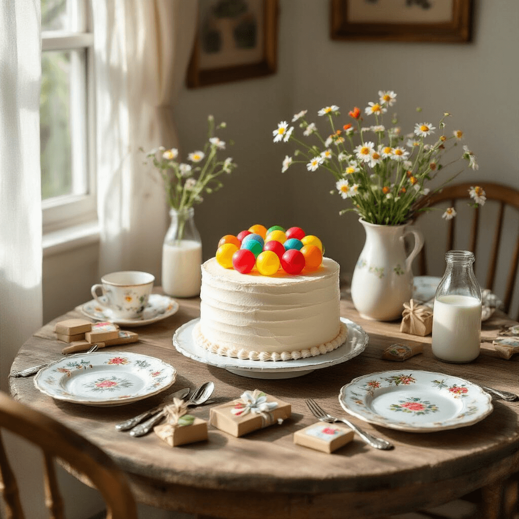 How to Create a Stunning Cake with Balloons That'll Make Everyone Gasp Overhead view of a cozy dining nook with a rustic wooden table featuring a vanilla cake adorned with colorful candy balloon decorations, vintage ceramic plates, antique silver forks, and delicate glass milk bottles filled with wildflowers, all bathed in soft morning light.