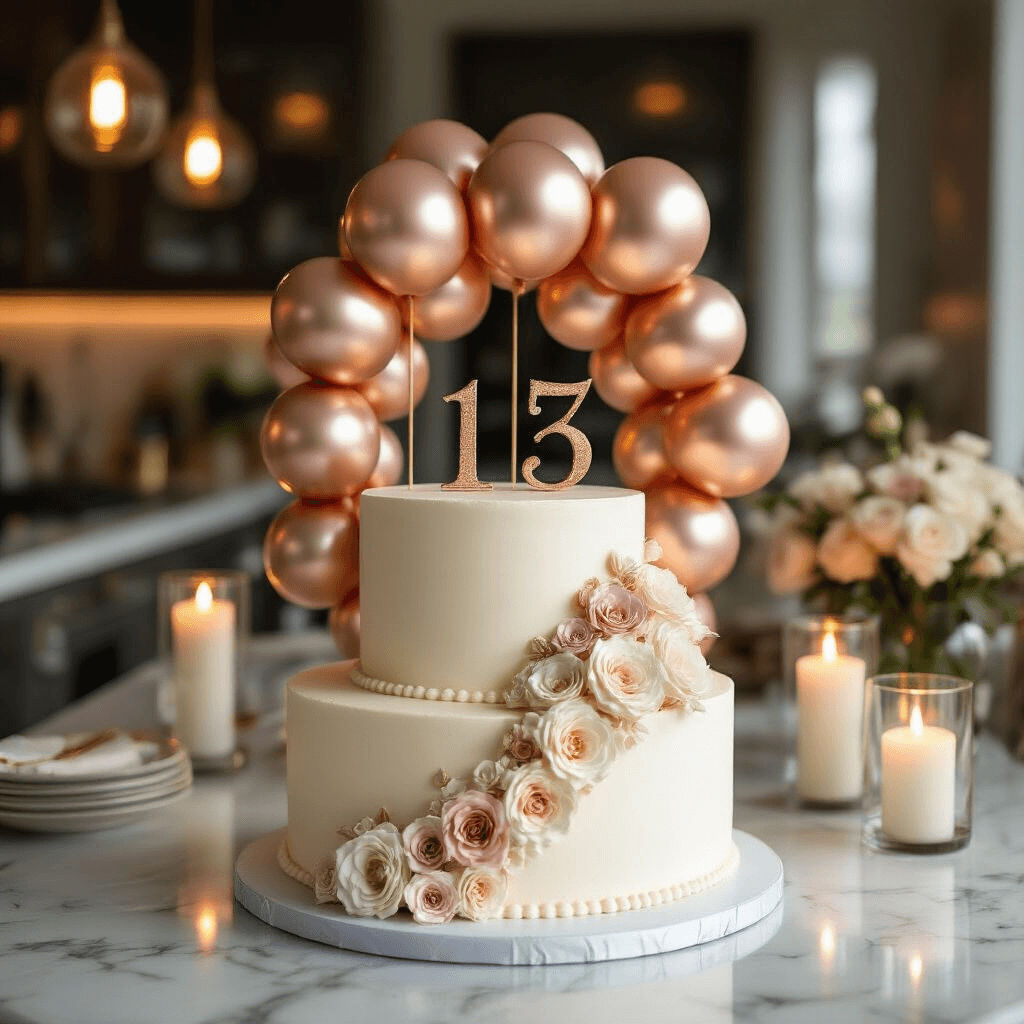 How to Create a Stunning Cake with Balloons That'll Make Everyone Gasp Close-up of an elegant two-tier birthday cake with metallic rose gold and champagne balloon structures, positioned on a marble kitchen island illuminated by warm pendant lights and soft candle glow, showcasing sugar flowers and gold foil number toppers, surrounded by champagne flutes and silk napkins, with a city skyline in the background.