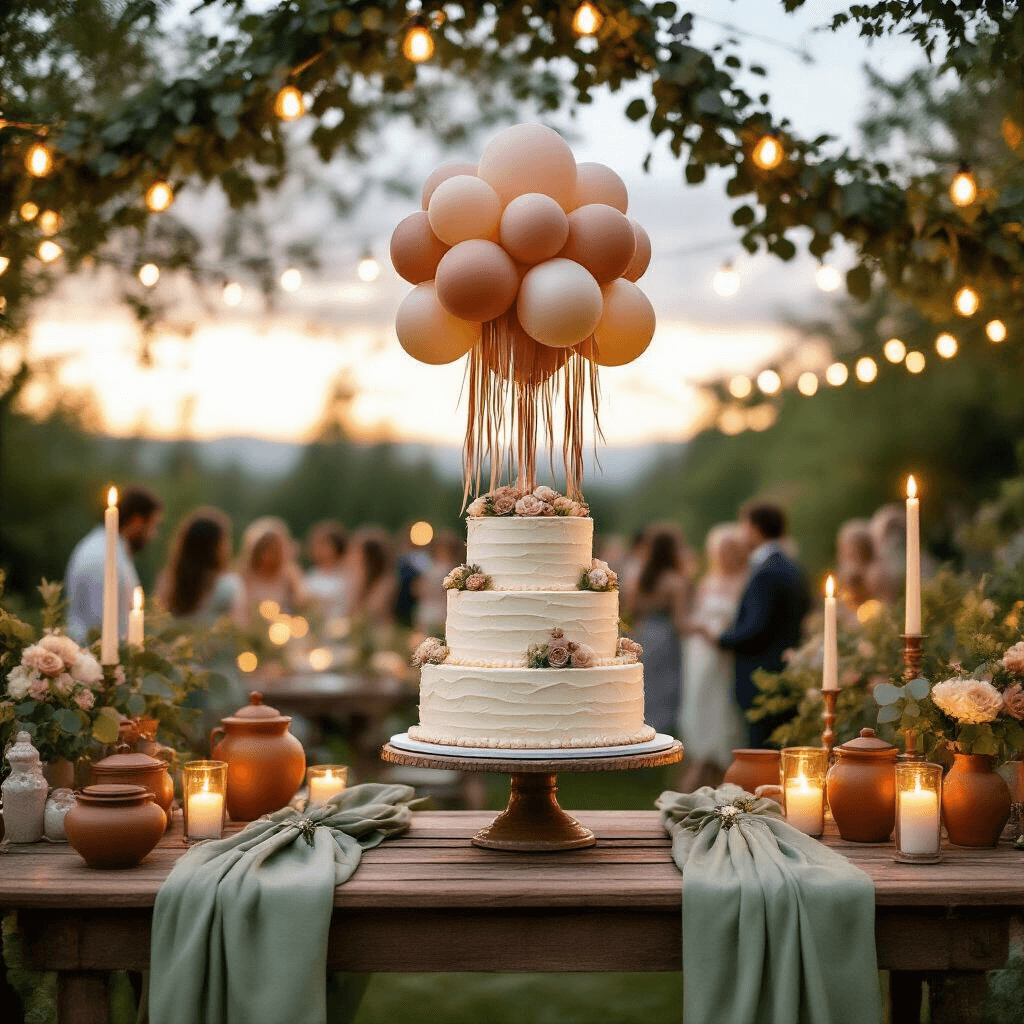 How to Create a Stunning Cake with Balloons That'll Make Everyone Gasp Wide shot of a magical garden party at twilight, featuring a rustic dessert table with sage green runners and terracotta accents. The centerpiece cake, decorated with candy balloon designs in earthy tones, is topped with a balloon topper and shimmering streamers. String lights drape overhead, while pillar candles flicker among eucalyptus garlands. Guests mingle softly in focus, as golden hour light filters through olive trees, creating an enchanting celebration atmosphere.