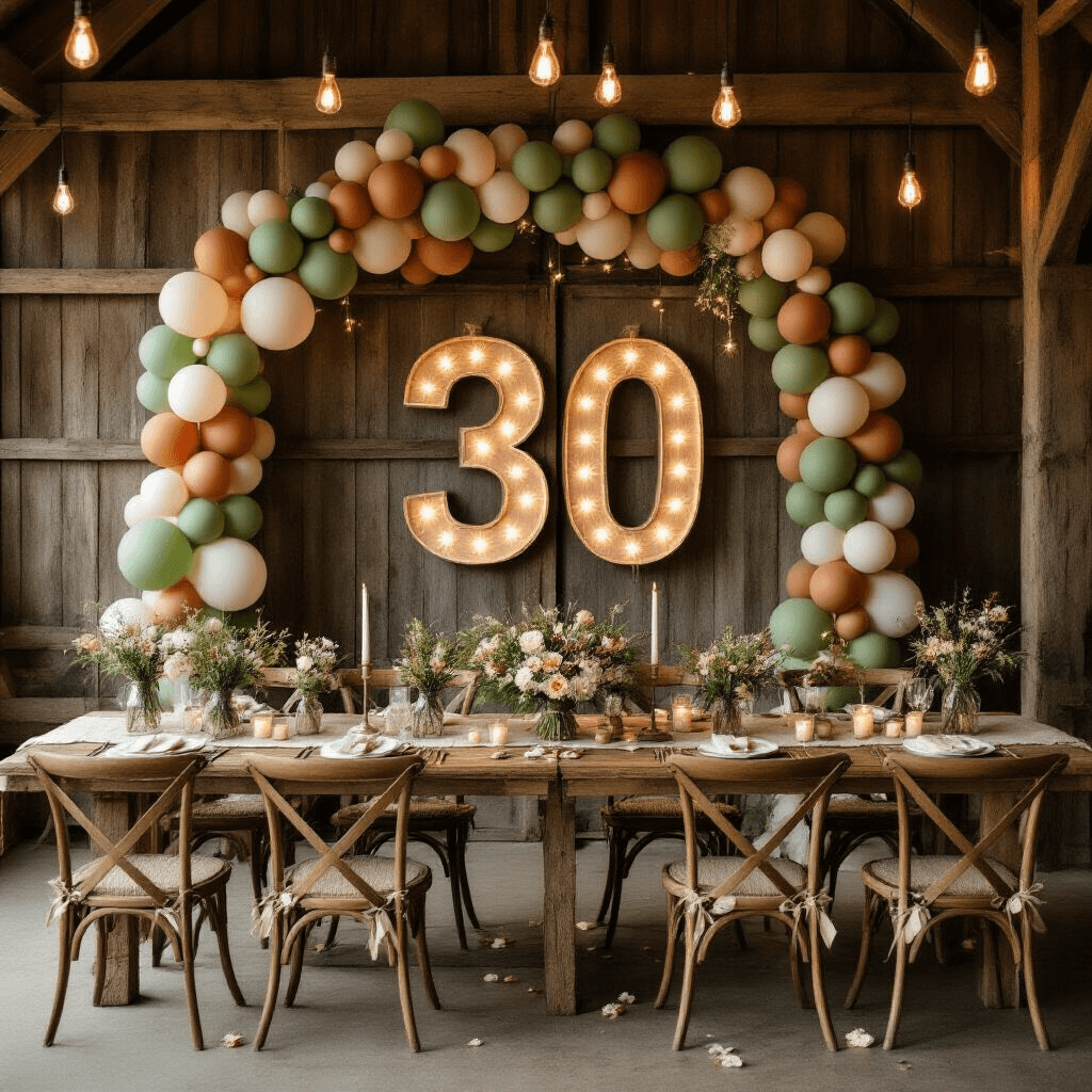 Marquee Numbers with Balloon Garlands: The Party Statement You Didn't Know You Needed Intimate rustic barn celebration setup for a 30th birthday, featuring a DIY marquee number '30' with fairy lights, an organic balloon garland, long farmhouse tables with burlap runners, mason jar wildflower centerpieces, and ambient Edison bulb lighting, surrounded by wooden chairs adorned with fabric bows and scattered rose petals.