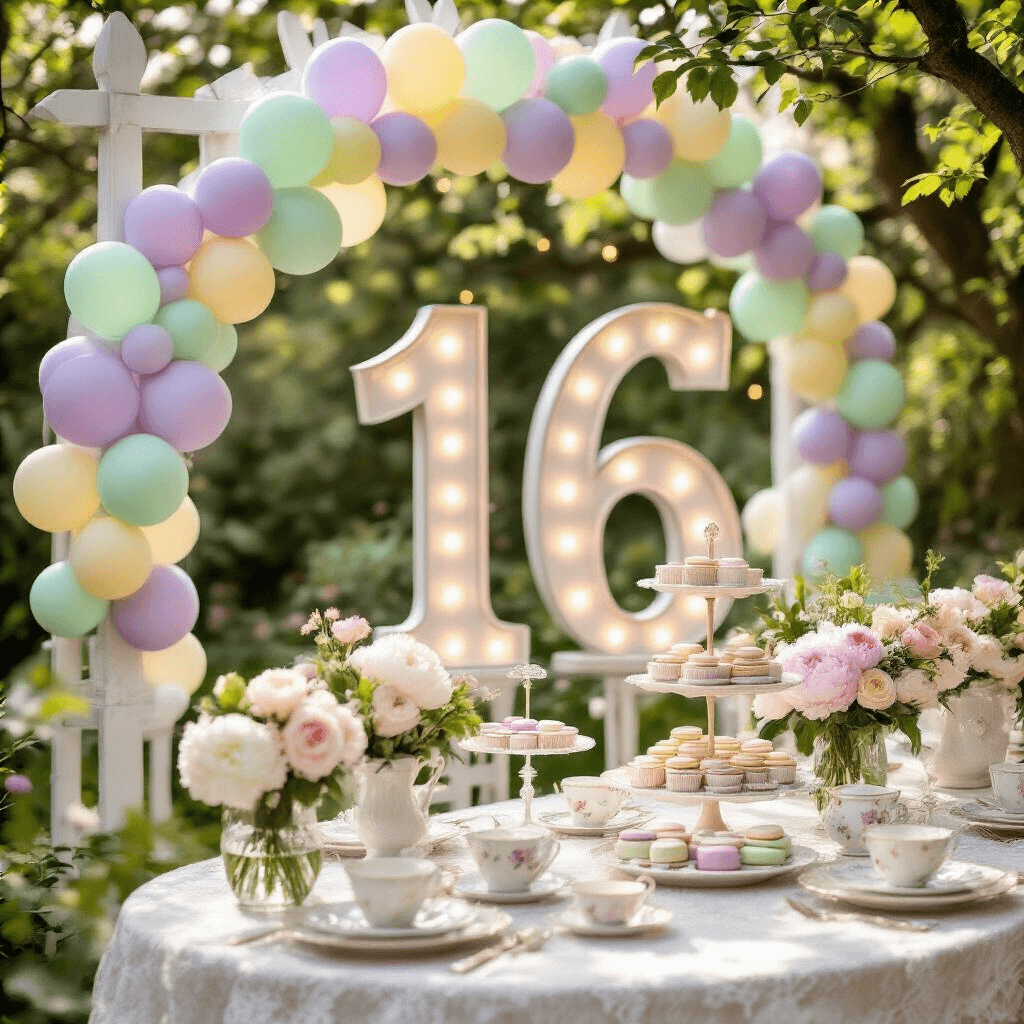 Marquee Numbers with Balloon Garlands: The Party Statement You Didn't Know You Needed Close-up of a whimsical garden party featuring marquee numbers '16' with pastel balloon clusters, a white wooden archway, vintage lace tablecloths, delicate china teacups, and fairy lights, all set in a blooming garden during soft morning light.