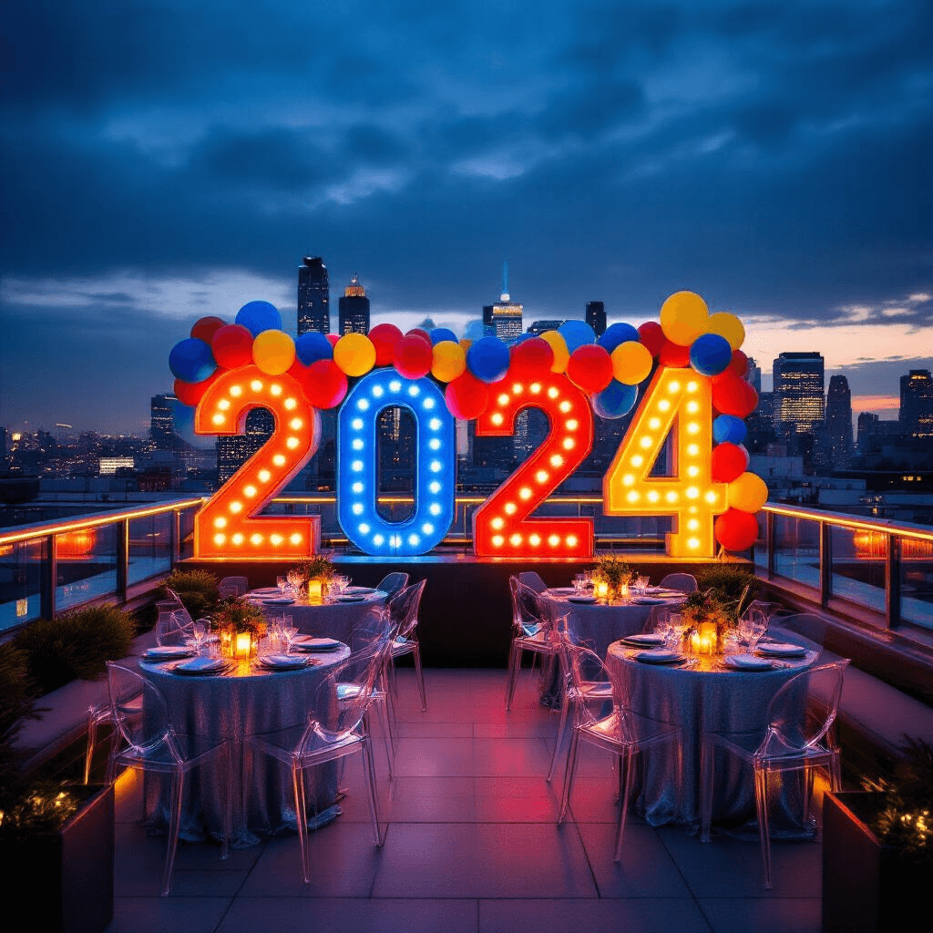 Marquee Numbers with Balloon Garlands: The Party Statement You Didn't Know You Needed A modern rooftop terrace celebration at night, featuring large marquee numbers '2024', colorful balloon garlands, sleek furniture, and an urban skyline backdrop illuminated by LED lighting.
