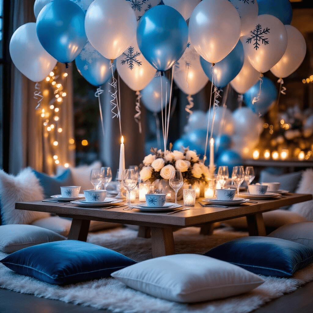 Frozen Balloons: Everything You Need to Know About Party Decor and DIY Ice Magic A cozy indoor dining nook decorated for a Frozen-themed celebration, featuring a low wooden table with icy blue and silver velvet cushions, character balloons overhead, warm candlelight, white rose centerpiece, elegant snowflake-patterned place settings, and a whimsical ambiance with fairy lights.