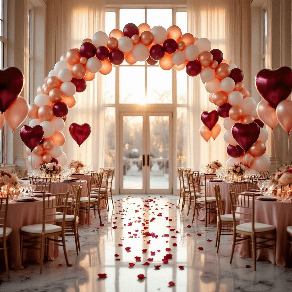 Valentine's Day Balloons: Everything You Need to Know Before You Buy Elegant indoor ballroom set for Valentine's Day with rose gold and white balloon arch, blush pink silk-covered tables, floating helium heart balloons, scattered rose petals, giant heart balloons, and warm golden hour lighting.