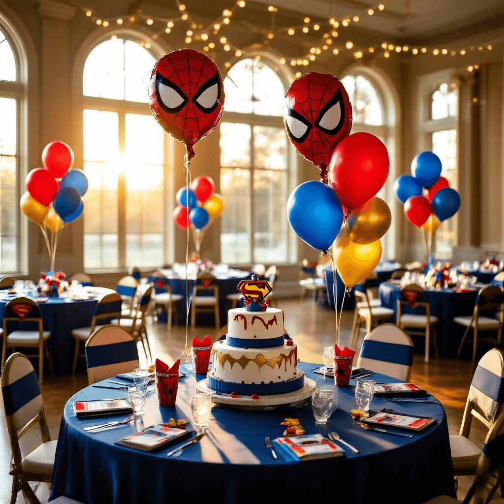 Cartoon Balloons: Everything You Need to Know for Your Next Party or Creative Project Elegant ballroom set for a superhero-themed children's birthday party, featuring gold sunlight, navy blue silk linens, oversized Spider-Man and Superman foil balloons, a three-tiered birthday cake, and personalized superhero cape party favors, all amidst soft fairy lights and custom banners.