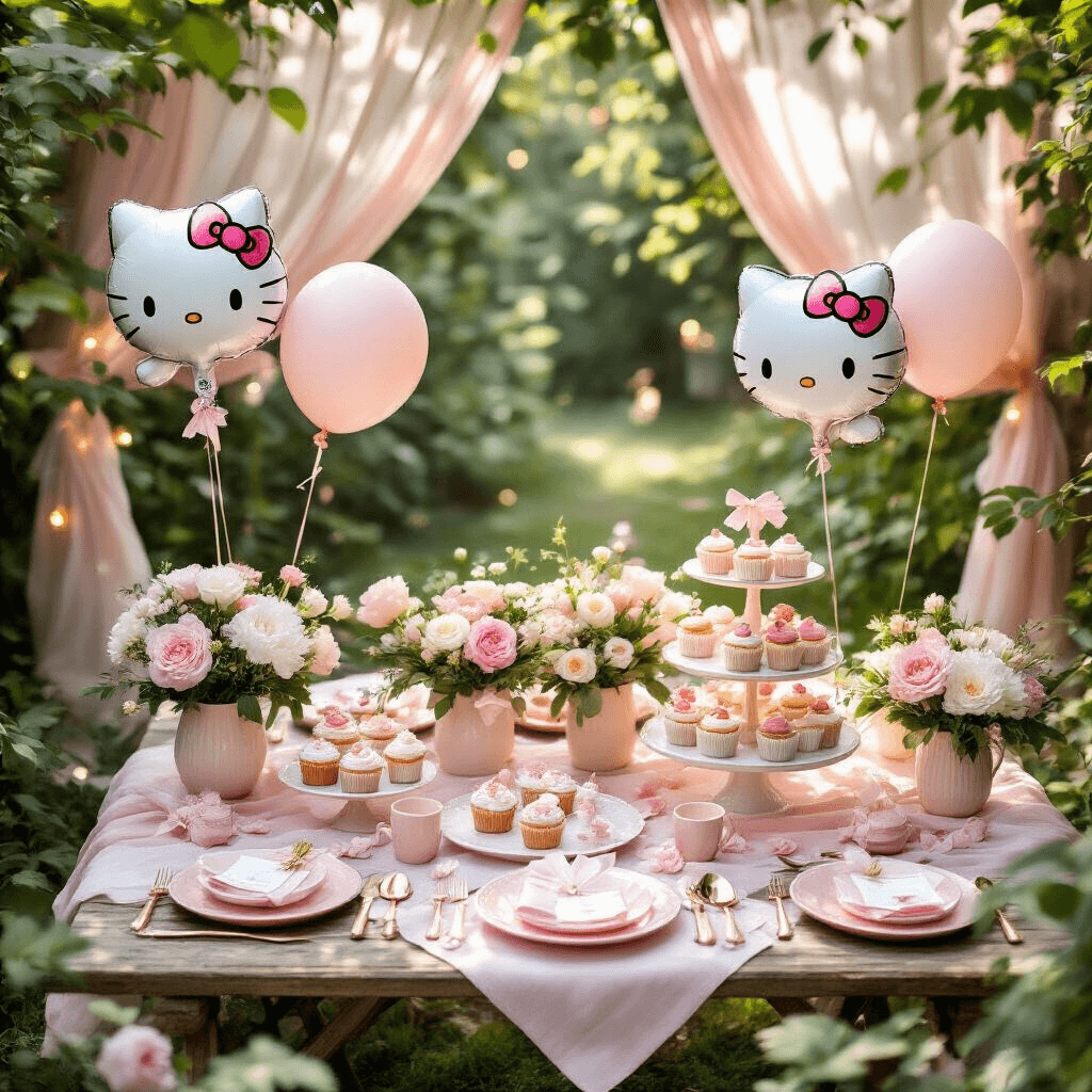 Cartoon Balloons: Everything You Need to Know for Your Next Party or Creative Project Overhead view of a Hello Kitty themed garden party setup with blush pink linens, character foil balloons, floral centerpieces, rose gold flatware on pastel plates, a dessert cart with cupcakes, sheer pink drapery, scattered rose petals, and LED string lights.