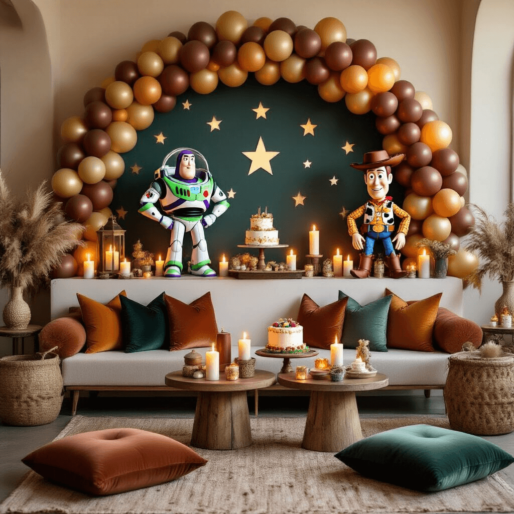 Cartoon Balloons: Everything You Need to Know for Your Next Party or Creative Project Close-up detail of a cozy living room birthday celebration corner featuring a balloon arch with Toy Story characters Buzz Lightyear and Woody, surrounded by low tables with velvet cushions, a vintage cake display, and a warm candlelit ambiance in a terracotta and sage color palette.