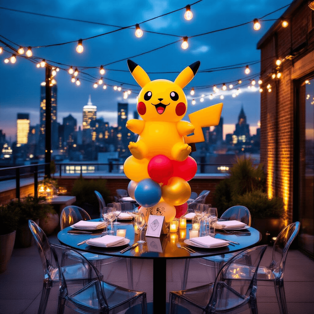 Cartoon Balloons: Everything You Need to Know for Your Next Party or Creative Project A vibrant rooftop terrace party setting at night, featuring warm fairy lights, urban skyline views, sleek glass-top tables with minimalist linens and colorful Pokemon balloon arrangements, including a large Pikachu centerpiece, surrounded by contemporary acrylic chairs. A stylish balloon wall serves as a photo backdrop, while industrial elements like exposed brick contrast with playful decorations and LED uplighting enhances the event's ambiance.