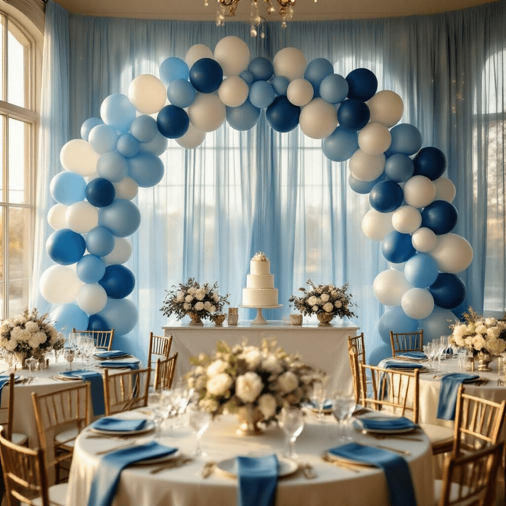 Blue Balloon Aesthetics: Why I'm Obsessed With This Dreamy Decor Trend A beautifully decorated indoor ballroom for a baby shower, featuring a blue and white balloon setup with round tables draped in silk linens, towering balloon garlands, floral centerpieces, and warm golden hour light streaming through tall windows.