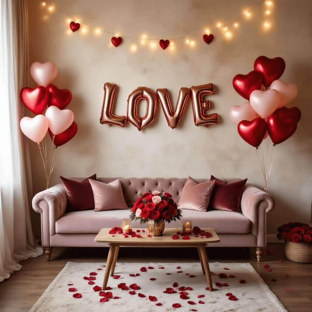 Valentine's Day Balloons: Everything You Need to Know Before You Buy Cozy Valentine's living room setup featuring rose gold 'LOVE' balloons, clusters of heart balloons, a plush velvet sofa with silk cushions, an elegant balloon bouquet on a wooden coffee table, fresh red roses, and warm fairy lights, all enhanced by rose petals scattered on hardwood floors.