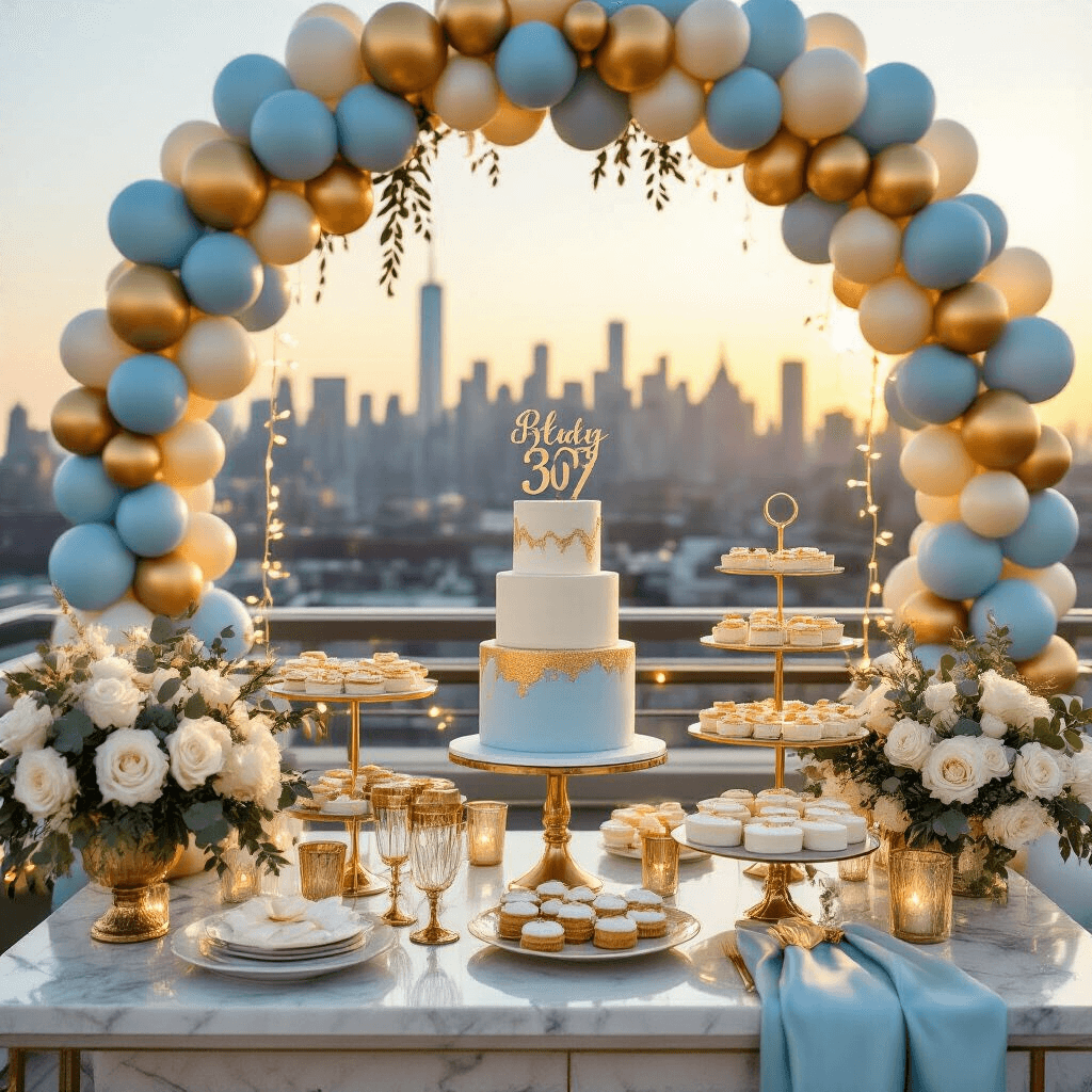Blue Balloon Aesthetics: Why I'm Obsessed With This Dreamy Decor Trend A close-up view of a luxurious rooftop terrace party setup at golden hour, featuring a sophisticated light blue and gold dessert table with a stunning balloon arch, elegant pastries on tiered cake stands, gold-rimmed glassware, silk table runners, fairy lights, and fresh white roses against a city skyline backdrop.