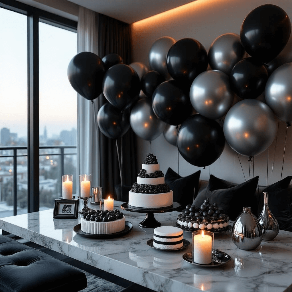 Black Balloons Aesthetic: Why These Dark Beauties Are Taking Over Every Stylish Party Moody evening shot of a modern apartment with candlelight ambiance, featuring dramatic black and silver balloon installations, sleek dessert displays on marble countertops, and a sophisticated color palette of charcoal, metallics, and clean lines.