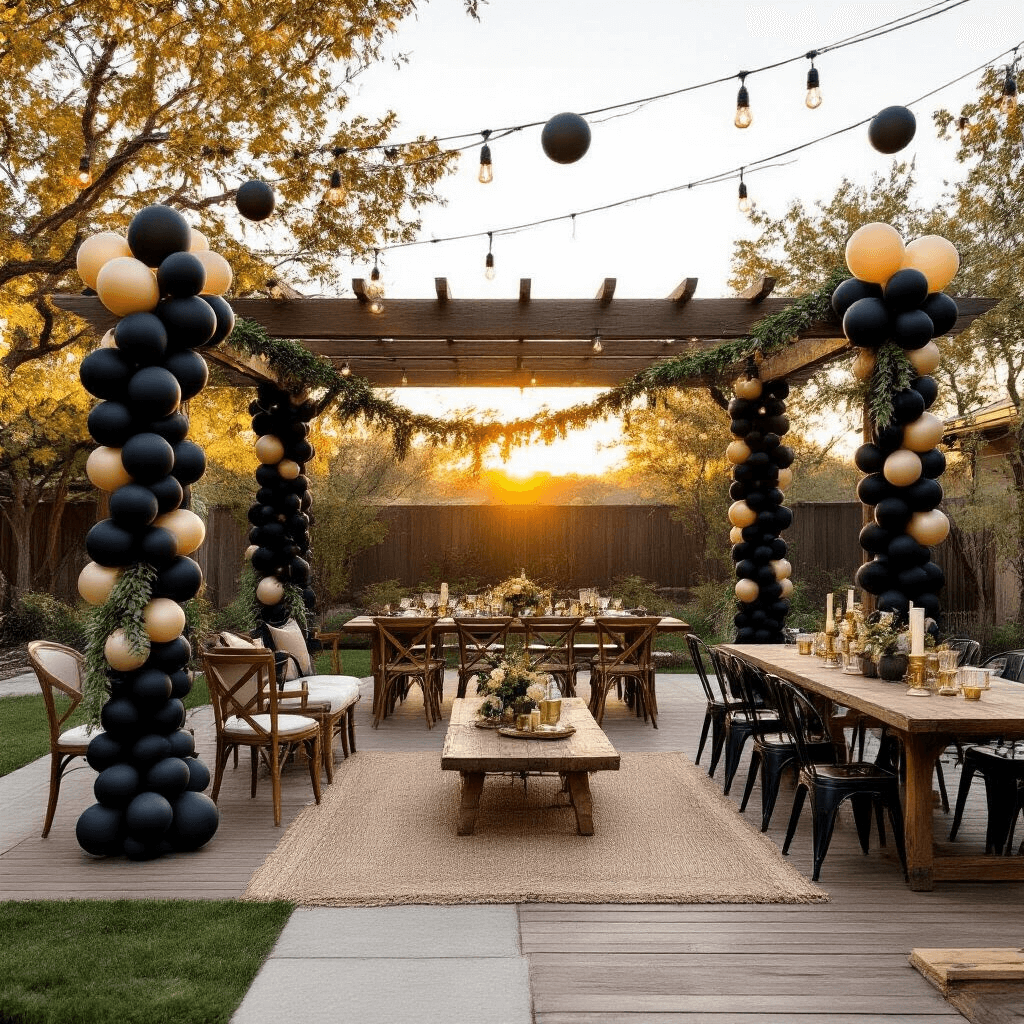 Black Balloons Aesthetic: Why These Dark Beauties Are Taking Over Every Stylish Party Stylish backyard celebration at golden hour featuring black balloon columns, rustic pergola with organic garland designs, various seating arrangements, string lights, and elegantly set long wooden tables, all amidst a mix of wooden decking and grass.