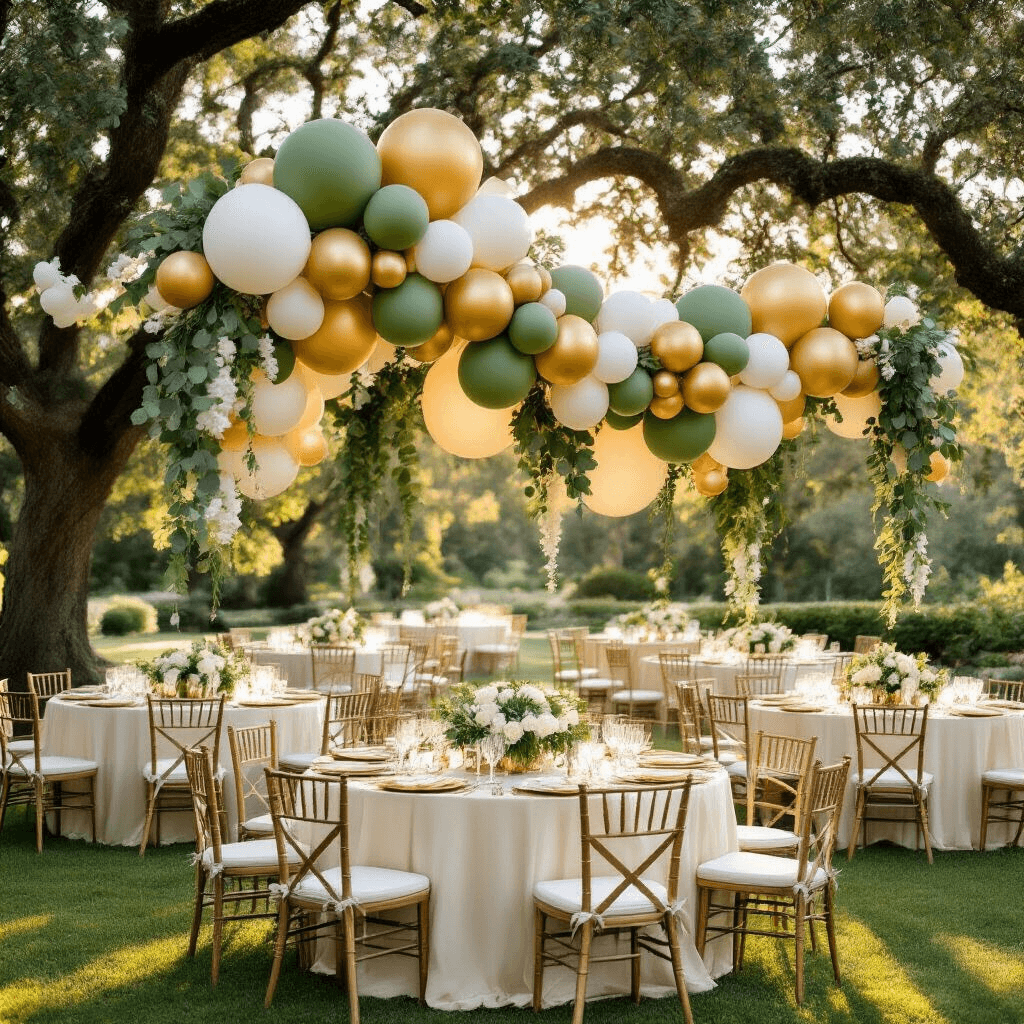 Green Balloon Decorations: Your Complete Guide to Creating Stunning Party Backdrops Wide-angle shot of an elegant garden party reception with balloon garlands, round tables set with cream silk linens, and centerpieces of white roses and eucalyptus, all illuminated by soft golden hour light filtering through trees. Guests in stylish attire mingle under a festive canopy, with twinkling string lights overhead.