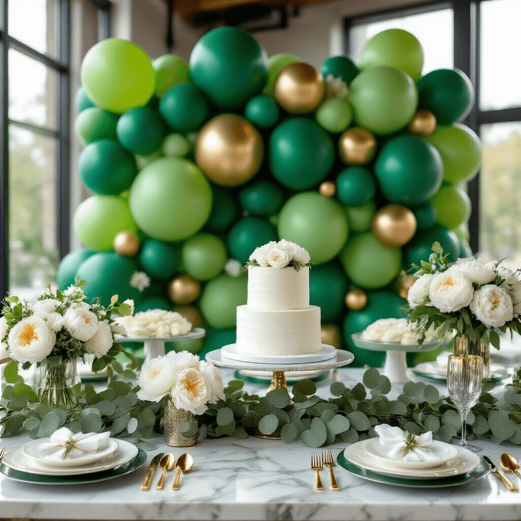 Green Balloon Decorations: Your Complete Guide to Creating Stunning Party Backdrops Close-up of a bridal shower dessert table featuring a dramatic green balloon wall, tiered white cakes on a marble-topped cart, adorned with fresh peonies and eucalyptus, with elegant place settings and soft morning light.