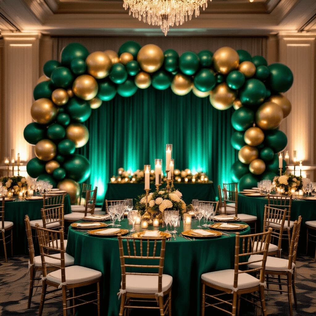 Green Balloon Decorations: Your Complete Guide to Creating Stunning Party Backdrops Elegant 40th birthday celebration in an upscale ballroom featuring a luxurious emerald and gold balloon wall, tables adorned with deep emerald silk tablecloths, gold charger plates, and crystal stemware, accented with tall pillar candles and fresh white orchids.