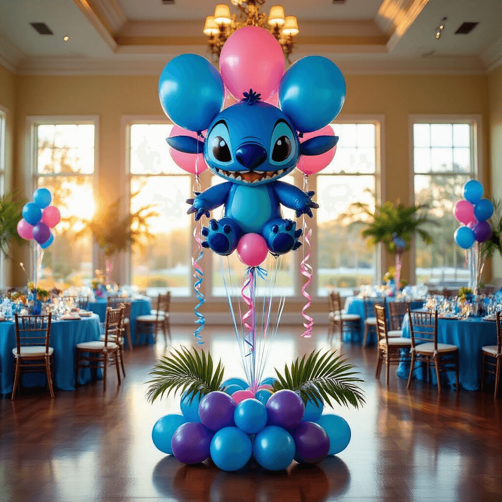 Stitch Balloons: Everything You Need to Create Magic (Plus a Surprising Needlework Twist) Wide-angle view of a children's party ballroom with an elaborate Disney Stitch balloon centerpiece, featuring floating blue foil balloons, ocean blue table linens, LED lights, and Hawaiian-themed decorations, all illuminated by soft golden hour sunlight.
