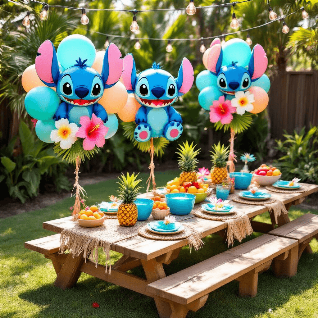 Stitch Balloons: Everything You Need to Create Magic (Plus a Surprising Needlework Twist) Overhead view of a vibrant Hawaiian luau party setup featuring Stitch-themed balloon arrangements, colorful picnic tables with woven runners, fresh hibiscus flowers, tropical fruit displays, and fairy lights, all set against a grass backdrop sprinkled with flower petals.