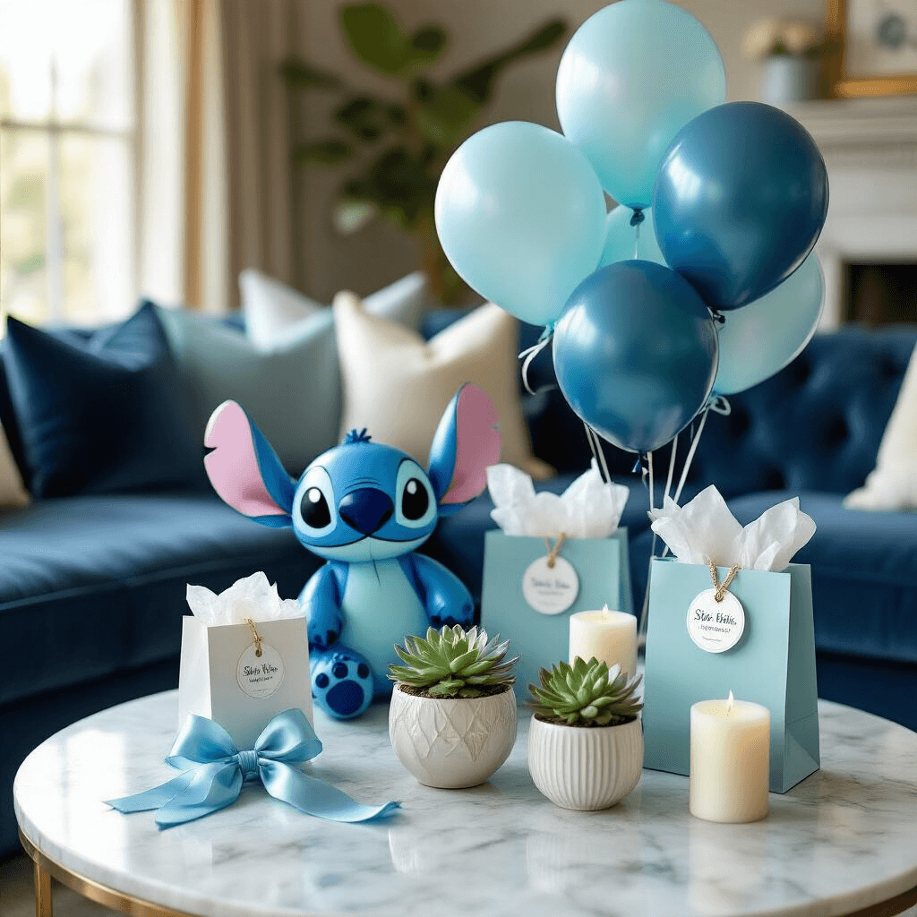 Stitch Balloons: Everything You Need to Create Magic (Plus a Surprising Needlework Twist) Intimate close-up of a cozy living room birthday celebration with a large Stitch balloon centerpiece, surrounded by smaller complementary balloons, silk ribbons, and elegant decor on a marble coffee table, all bathed in soft morning light.