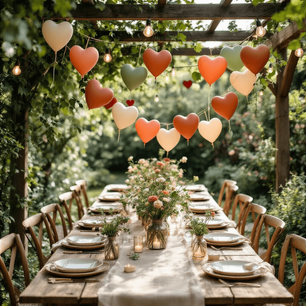Heart Balloons: Why They're the Perfect Decoration for Any Celebration (And How to Use Them Like a Pro) An overhead flat lay of a whimsical garden party setup featuring a heart balloon garland on a wooden pergola, a long farm table with natural linen runners, ceramic plates, vintage glassware, and mason jar centerpieces filled with wildflowers, all illuminated by string lights in soft morning light.