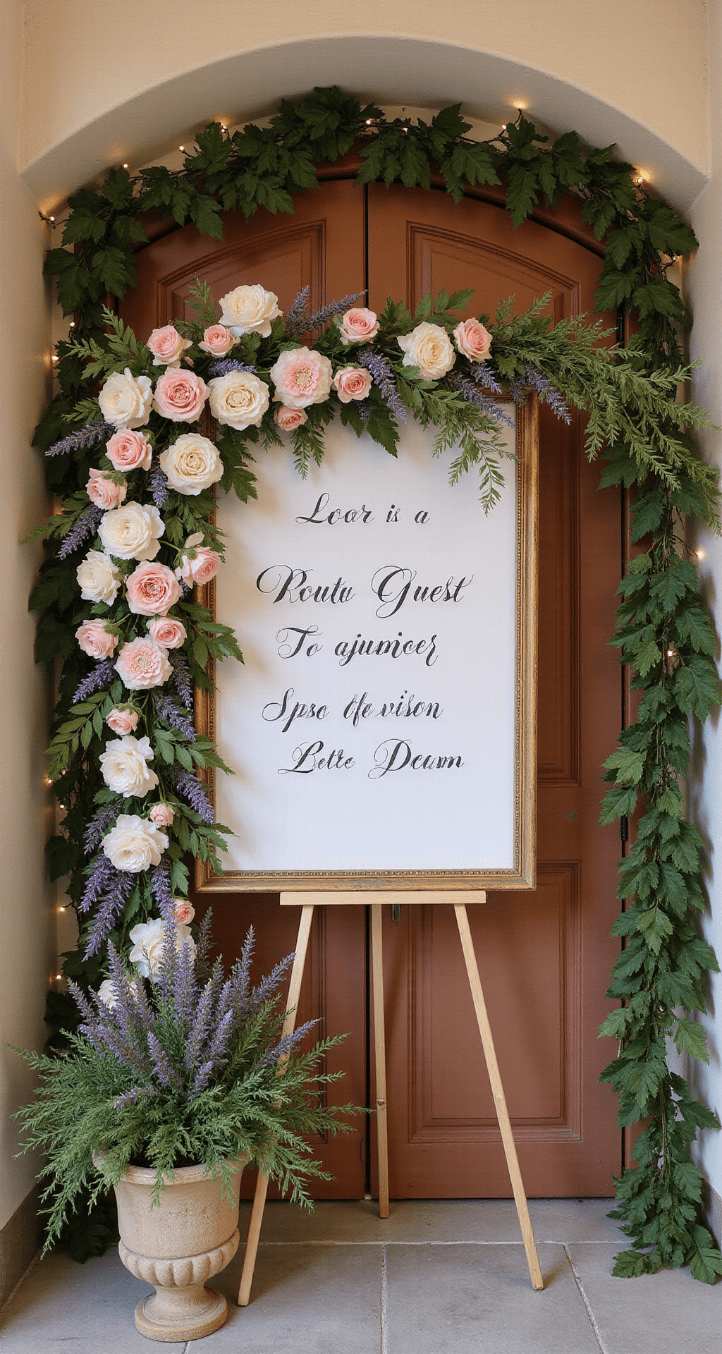 Home Wedding Decor: Transform Your Space Into a Stunning Celebration Venue Without Breaking the Bank Romantic wedding entryway decor with blush pink roses, lavender, and ivory flowers asymmetrically arranged around a vintage wooden frame, featuring elegant calligraphy signage, soft fairy lights woven through greenery garland, and a welcome table with textured ceramic vessels and cascading greenery in warm terracotta and cream colors.