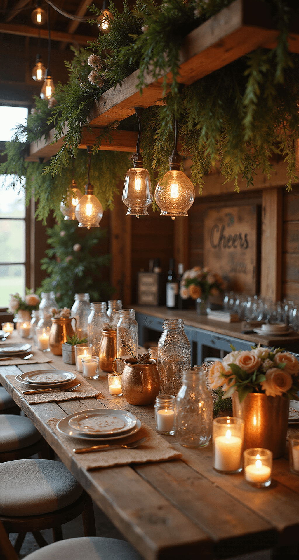 Wedding Bar Decor Ideas That'll Make Your Guests Actually Want to Hang Around A photorealistic wedding bar scene featuring a rustic wooden bar with reclaimed timber, lush greenery and wildflower arrangements, illuminated by soft golden hour light and hanging string lights, with crystal glassware and copper Moscow Mule mugs, tealight candles in mason jars, burlap table runners, vintage metal accents, and a hand-painted wooden sign reading 'Cheers', set against a blurred outdoor wedding venue backdrop.