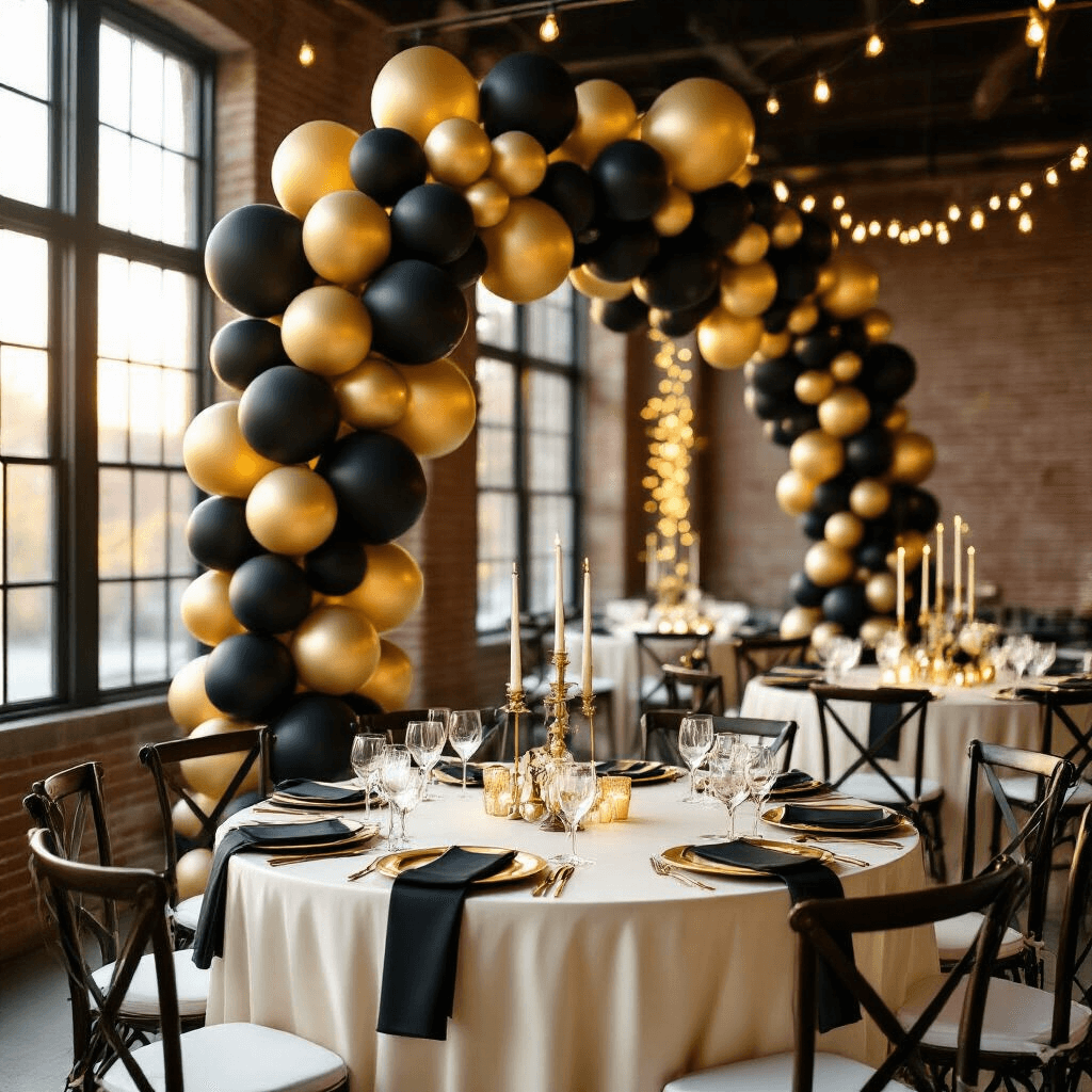 Black and Gold Balloons: Everything You Need to Know About These Showstopping Party Decorations A photorealistic wide-angle shot of an elegant indoor ballroom featuring cascading black and gold balloon garlands. Soft sunlight streams through tall windows, illuminating round tables with ivory silk linens, gold charger plates, and black napkins. The warm glow of LED string lights enhances the romantic atmosphere, while crystal glassware and gold candelabras with black tapers add elegance. Black Chiavari chairs with gold cushions surround the tables, all set against polished hardwood floors that reflect the stunning decor.