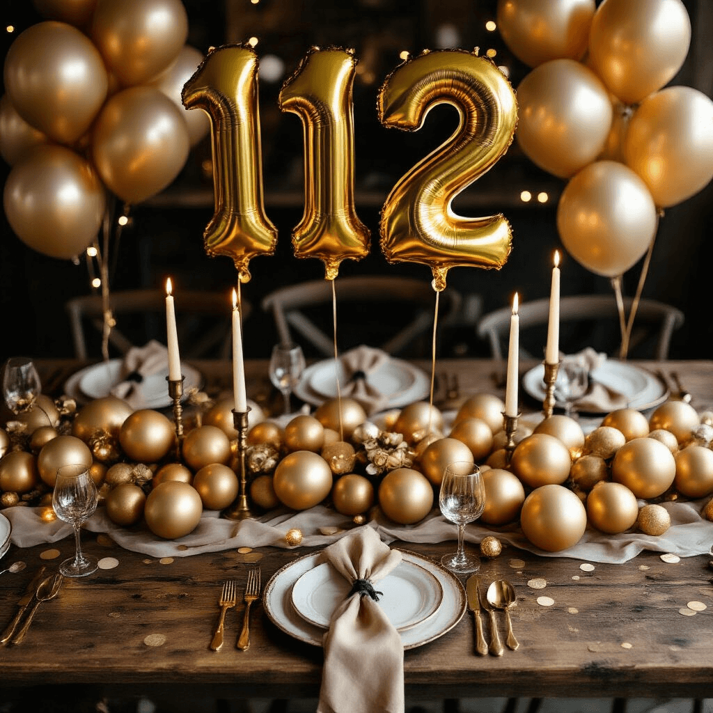 Golden Balloons: Everything You Need to Know About Adding Sparkle to Your Next Celebration Overhead flat lay of a golden birthday celebration featuring a rustic wooden table with latex and foil balloons, brass candlesticks with ivory candles, elegant place settings, scattered gold confetti, and warm fairy lights creating a cozy ambiance.