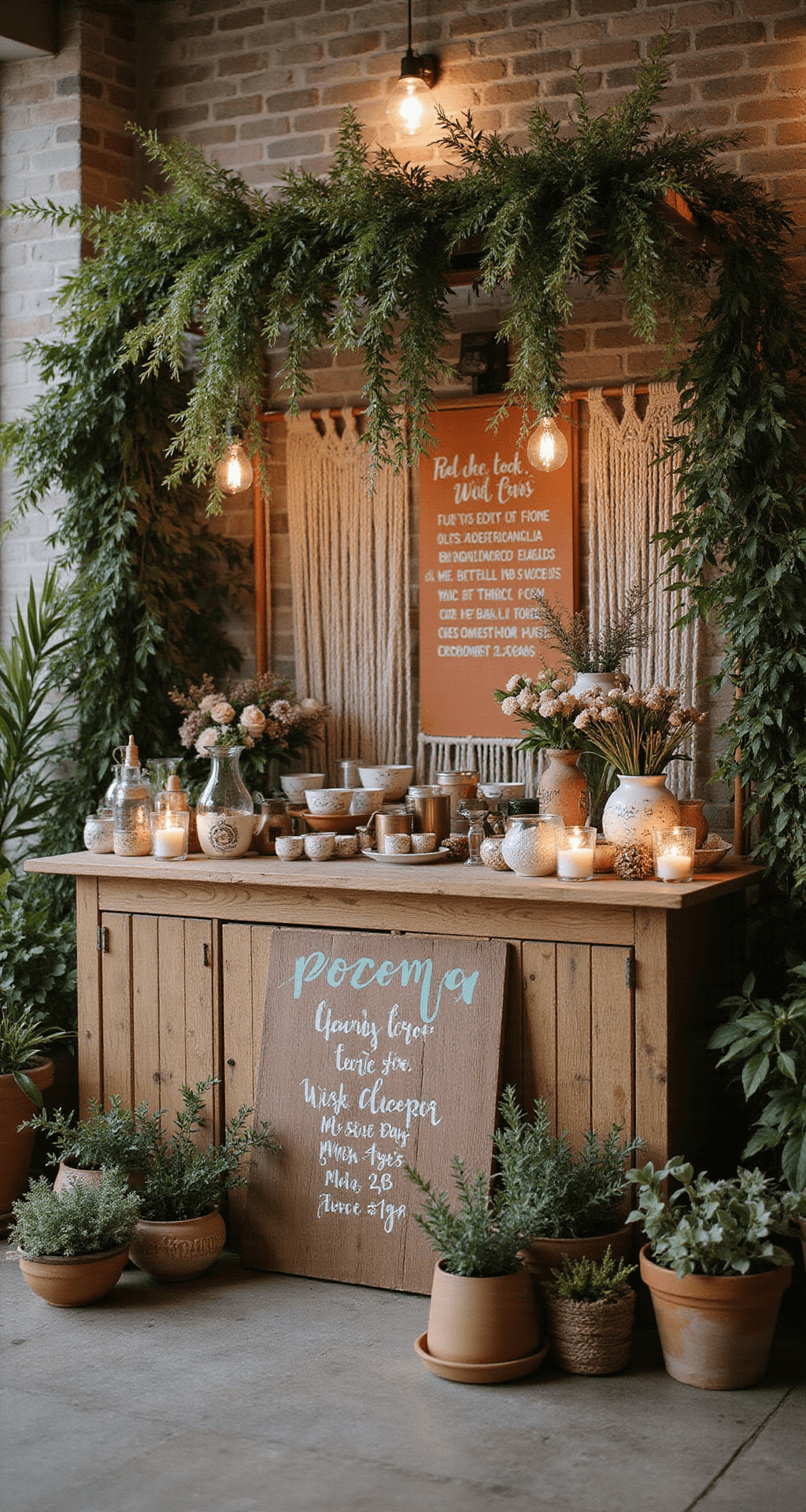 Wedding Bar Decor Ideas That'll Make Your Guests Actually Want to Hang Around A bohemian-inspired wedding bar featuring a macramé backdrop, surrounded by potted plants and trailing greenery, with a terracotta and sage color palette, mismatched vintage glassware, warm string lights, and a hand-painted wooden menu board amidst hanging plants and dried flowers.