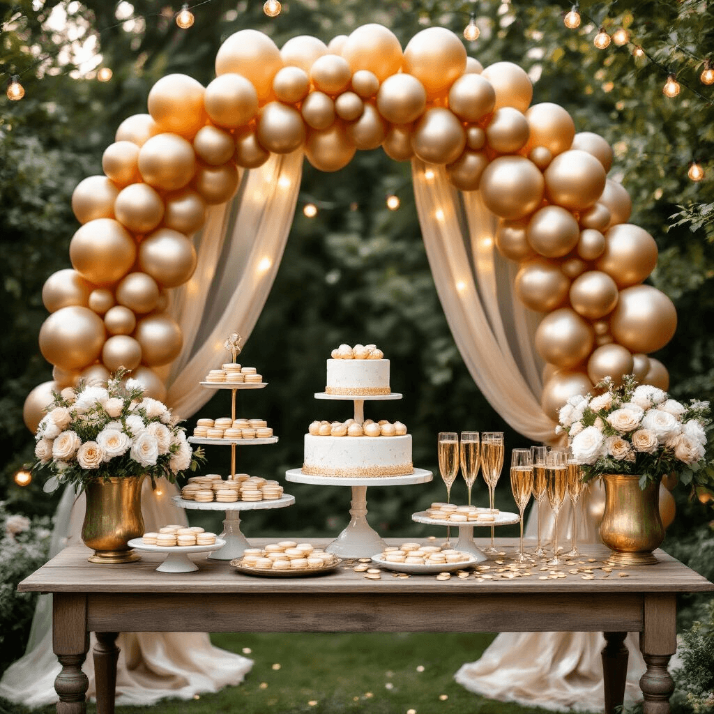 Golden Balloons: Everything You Need to Know About Adding Sparkle to Your Next Celebration Close-up detail of a stylish backyard garden party setup featuring a golden balloon arch, a rustic dessert table with marble cake stands, gold-leafed macarons, and sparkling champagne flutes, all bathed in soft morning light.