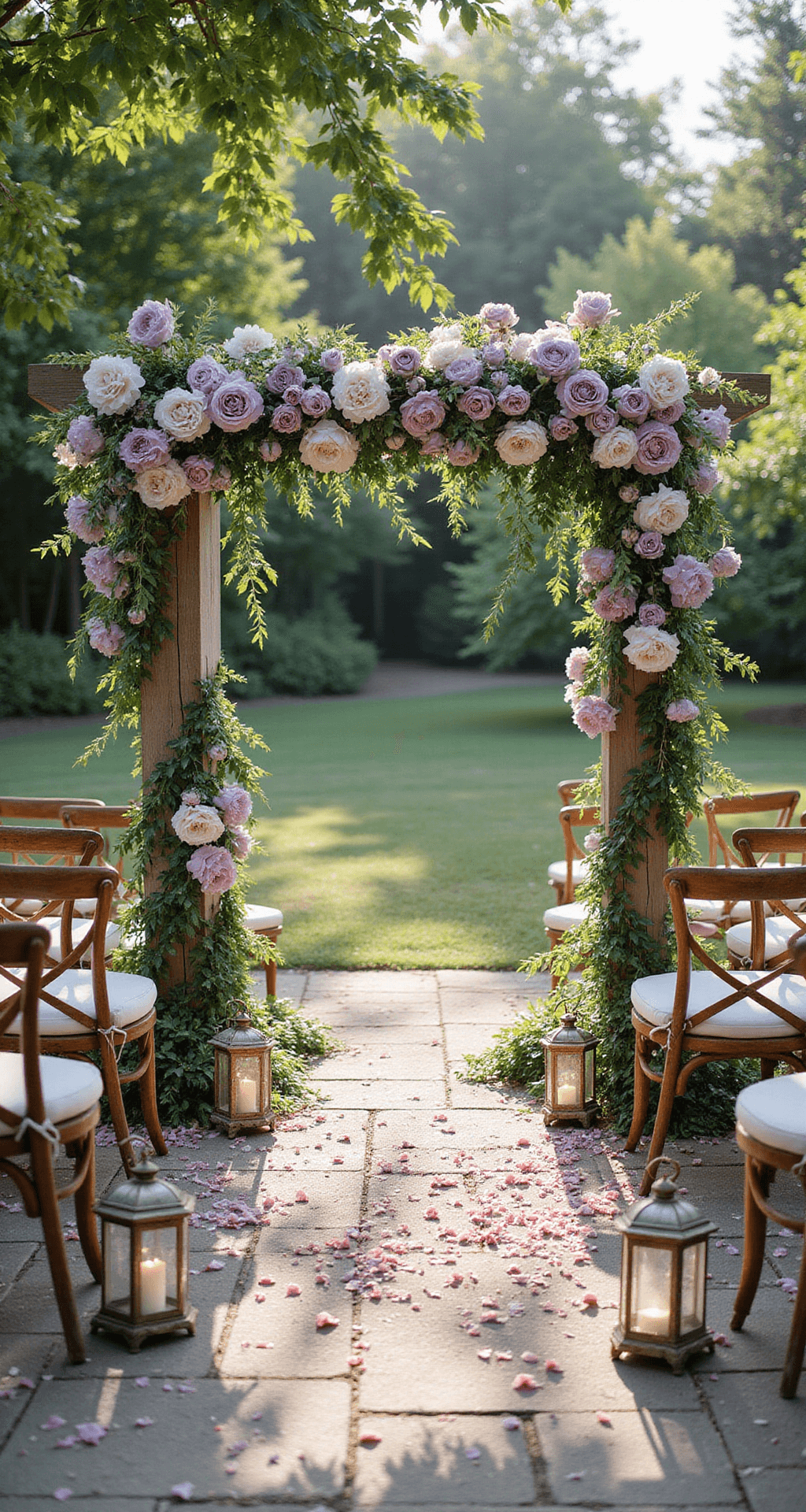 How to Create Romantic Wedding Decor That Actually Makes Your Guests Feel Something An intimate outdoor garden wedding ceremony beneath a floral arch of lavender, dusty purple, and white peonies, with sunlight filtering through greenery, casting light on crystal lanterns and rose petals lining a stone pathway, surrounded by vintage mismatched chairs.