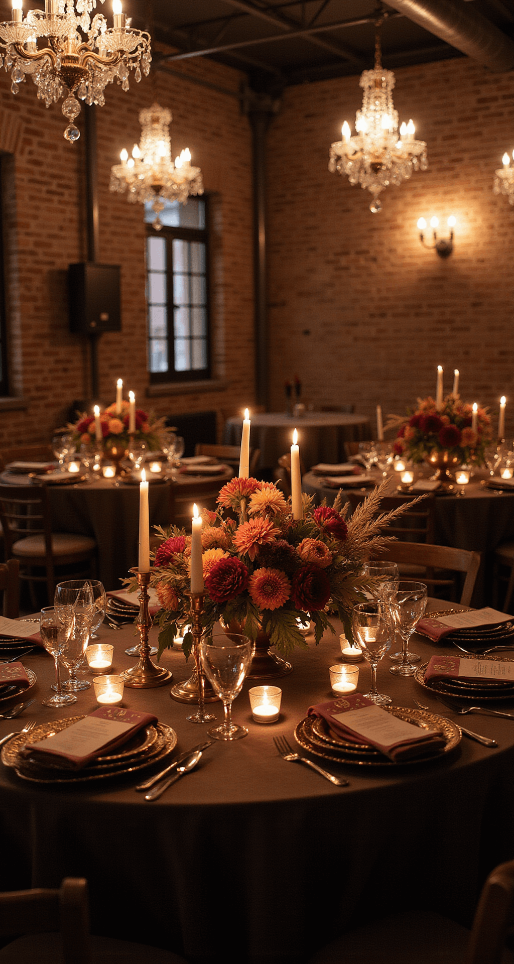 How to Create Romantic Wedding Decor That Actually Makes Your Guests Feel Something A moody evening wedding reception showcasing terracotta and deep plum colors, with exposed brick walls illuminated by warm candlelight, featuring copper charger plates, dark linen tablecloths, hanging crystal chandeliers, vintage brass candlesticks, and low centerpieces of dahlias and pampas grass.
