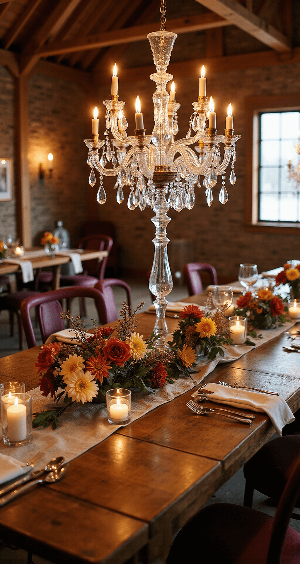 How to Create Romantic Wedding Decor That Actually Makes Your Guests Feel Something An intimate autumn wedding in a rustic barn featuring warm rust, mustard, and deep plum colors, with oversized crystal candelabras on wooden farm tables, low centerpieces of dried flowers and seasonal branches, flickering pillar candles, and cozy amber lighting from vintage lanterns.