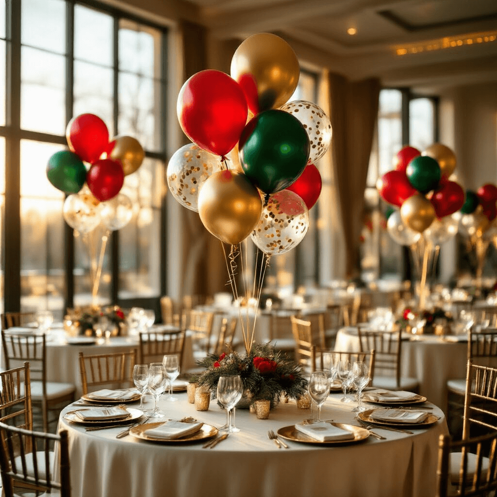 Holiday Balloons: Everything You Need to Transform Your Space This Season Elegant indoor ballroom during golden hour with sophisticated holiday balloon centerpieces in red, green, and gold, ivory silk linens, crystal glassware, and gold charger plates, enhanced by natural sunlight and luxurious details like velvet ribbon ties and fresh greenery.