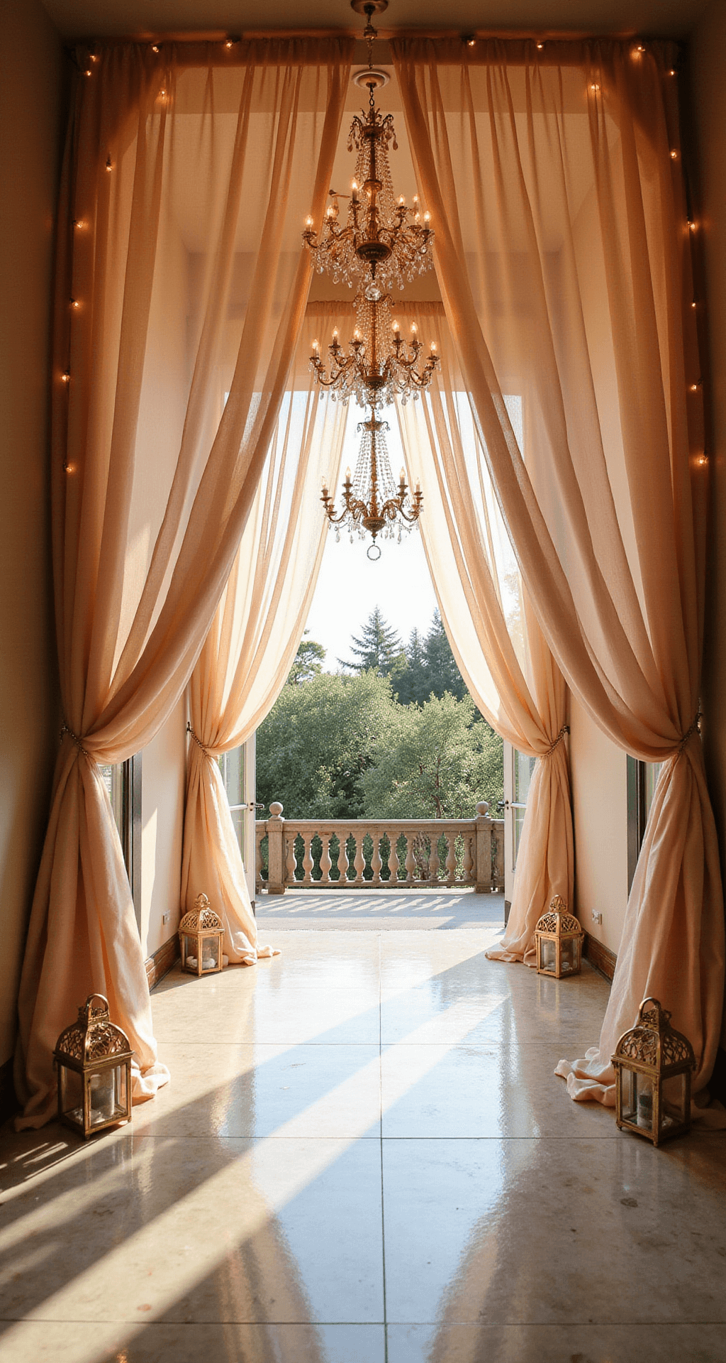Popular Wedding Entrance Décor Ideas That'll Make Your Guests Gasp An ethereal wedding entrance featuring a twinkling fairy light tunnel, soft blush and ivory chiffon drapes, delicate crystal chandeliers, marble flooring reflecting golden light, and vintage brass lanterns, viewed from above, transforming the space into a romantic wonderland.