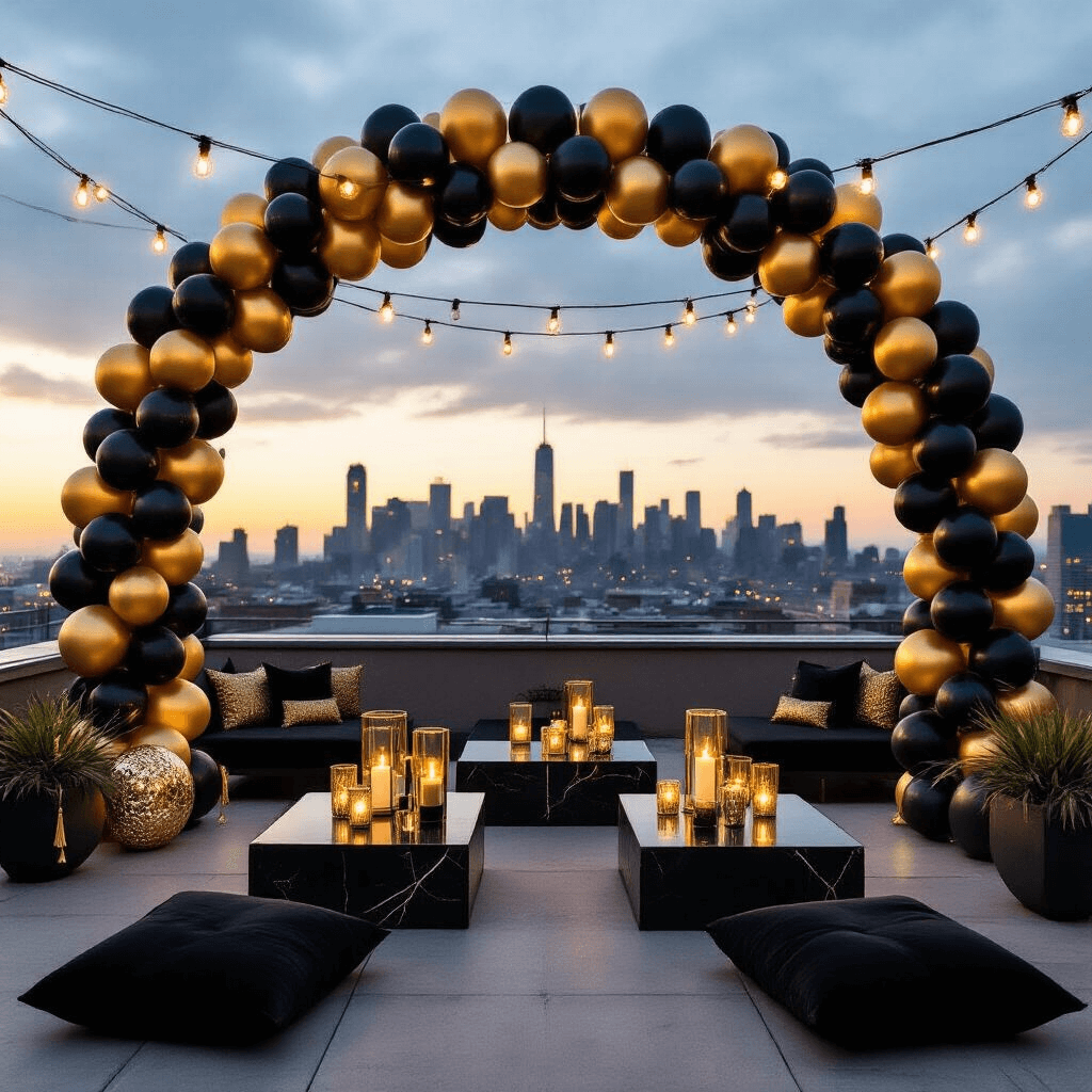 Black and Gold Balloons: Everything You Need to Know About These Showstopping Party Decorations Cinematic overhead view of a stylish New Year's Eve rooftop terrace, featuring a dramatic black and gold balloon arch, low cocktail tables with elegant glassware, and cozy lounge cushions, all illuminated by string lights and a starlit sky.
