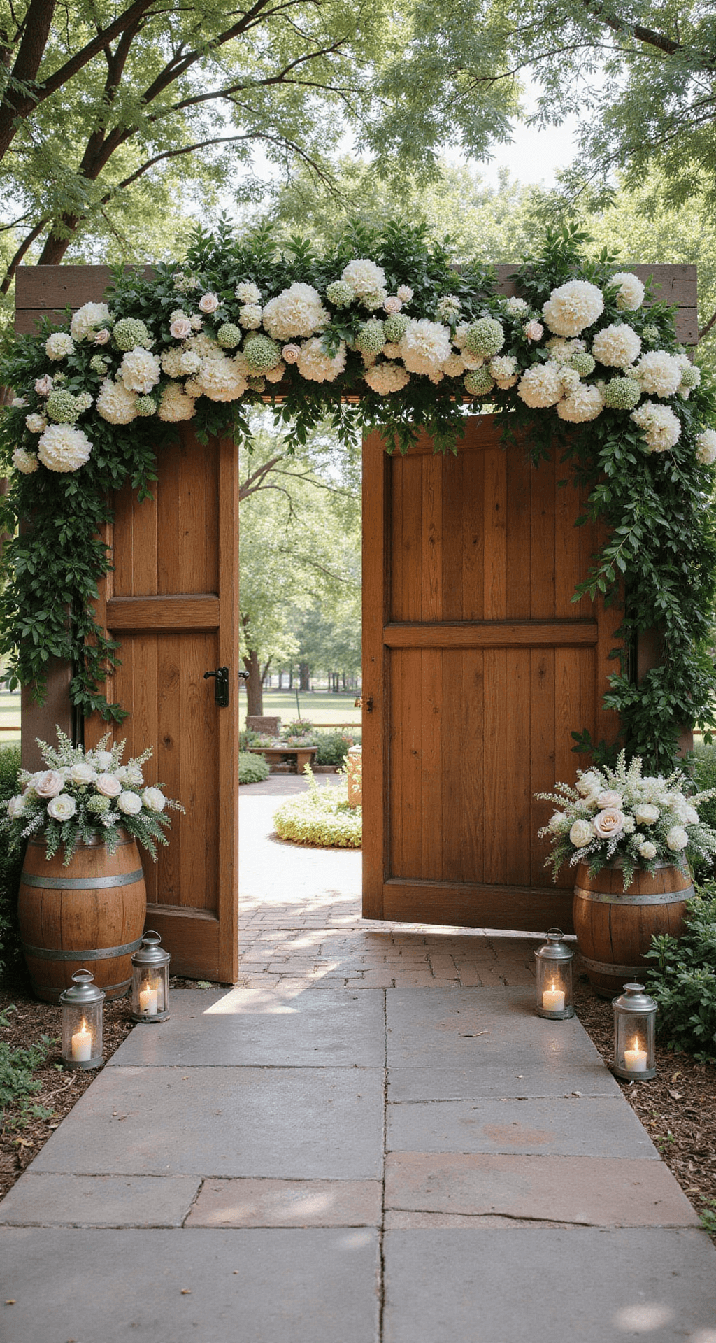 Popular Wedding Entrance Décor Ideas That'll Make Your Guests Gasp Rustic garden wedding entrance with open wooden barn doors, floral arch of cream and sage hydrangeas and peonies, vintage wine barrels with wildflowers, stone pathway lined with lanterns, sunlight filtering through oak trees, warm terracotta and olive green colors.