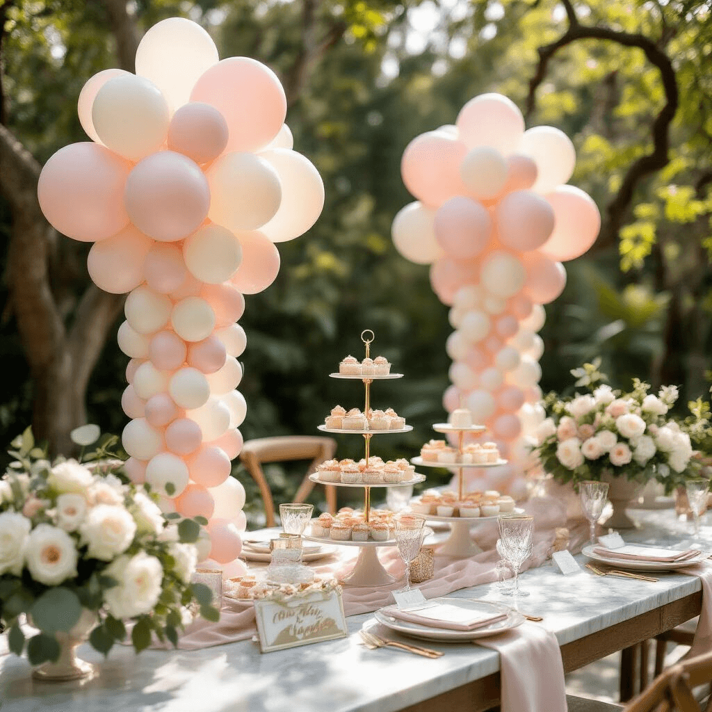 Holiday Balloons: Everything You Need to Transform Your Space This Season Close-up detail of an elegant outdoor garden party setup featuring balloon columns in blush pink and cream, a dessert table with holiday treats, fresh white roses, and gold calligraphy place cards all illuminated by soft morning light.