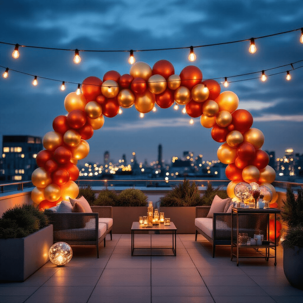 Holiday Balloons: Everything You Need to Transform Your Space This Season Cinematic wide shot of a modern rooftop terrace adorned with a dramatic terracotta and gold balloon arch, featuring festive Santa and candy cane striped balloons, string lights creating magical bokeh, contemporary outdoor furniture, seasonal greenery, and a sleek bar cart, all illuminated against a backdrop of twinkling city lights.