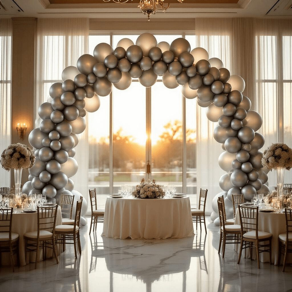 Silver Balloon Decorations: Everything I've Learned About Creating Stunning Metallic Magic Cinematic wide-angle shot of an elegant ballroom at golden hour, featuring a 15-foot silver balloon garland arch behind the head table, with chrome silver, pearl white, and metallic gray balloons, low silver balloon topiaries on ivory silk tables, polished marble floors reflecting light, and warm candlelight from crystal chandeliers.