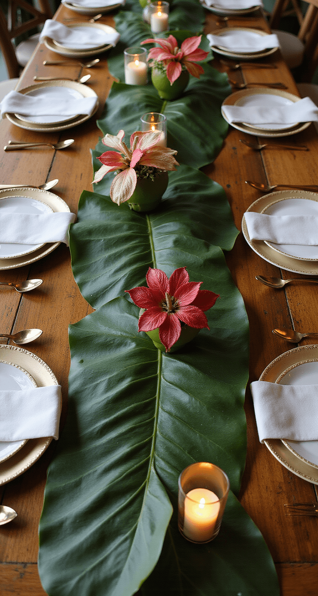 How to Create Stunning Banana Leaf Decor for Your Wedding Day A flat lay of a sophisticated reception table runner with banana leaves, white ceramic plates, gold cutlery, tropical anthuriums, proteas, and candlelight in glass votives on a wooden farm table.