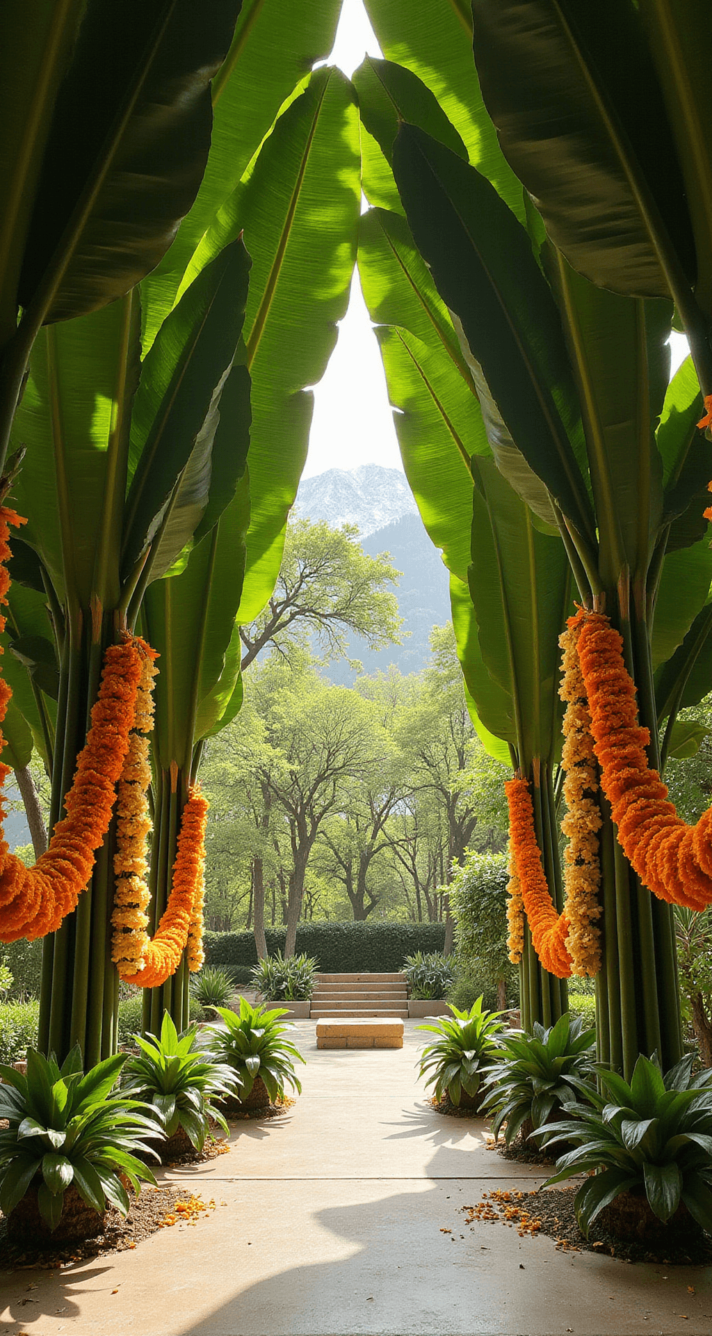 How to Create Stunning Banana Leaf Decor for Your Wedding Day An overhead shot of a contemporary mandap design featuring overlapping banana leaf panels, adorned with marigold and jasmine garlands, bathed in soft diffused sunlight creating an ethereal atmosphere.
