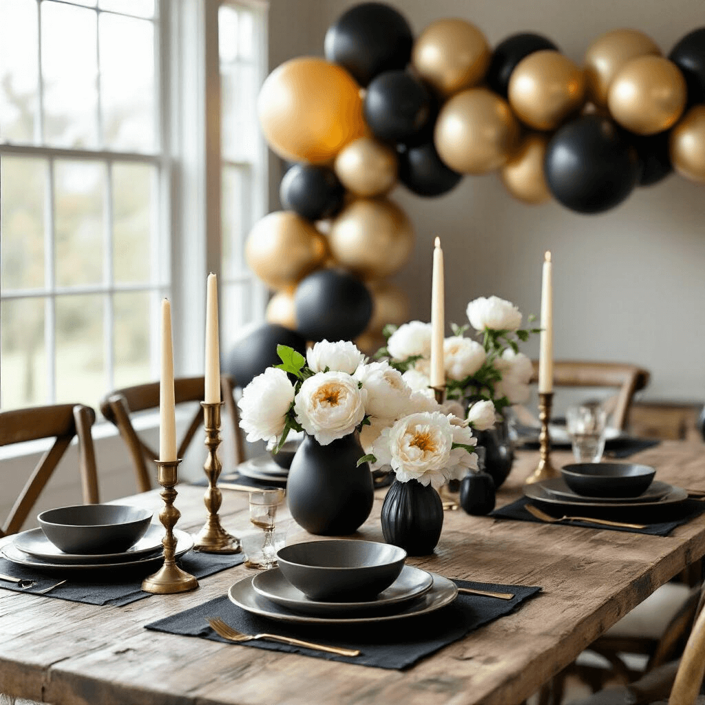 Black and Gold Balloons: Everything You Need to Know About These Showstopping Party Decorations Close-up of a festive birthday dining nook featuring a black and gold balloon garland, rustic wood table with cream dinnerware on black linen, vintage brass candlesticks with ivory candles, and white peonies in black vases, all illuminated by soft morning light.