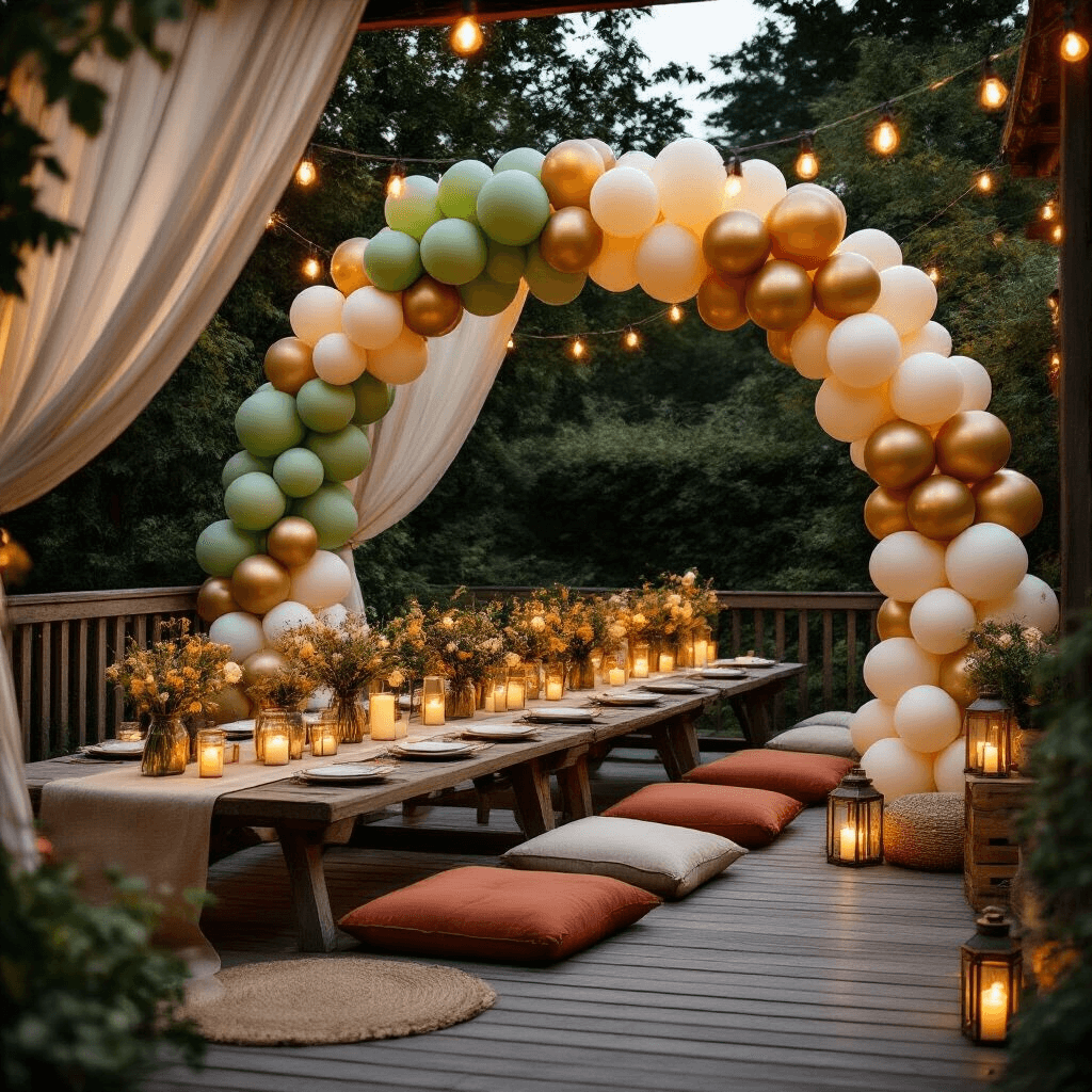 Three Arch Balloon Backdrop: Your Complete Guide to Creating Instagram-Worthy Party Magic Close-up of a backyard party setup featuring three balloon arches in sage green, cream, and gold, with picnic tables, floor cushions, wildflower centerpieces, string lights, and draped sheer fabric, creating a warm and inviting atmosphere.