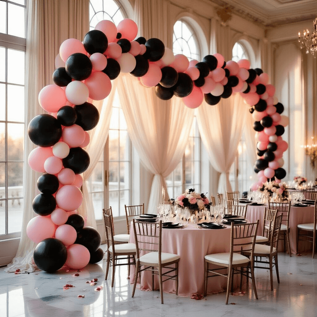 Black and Pink Balloon Decorations: Your Complete Guide to Party-Perfect Setups An elegant ballroom decorated with a black and pink balloon garland along ivory silk walls, featuring blush pink table linens, black charger plates, and illuminated by natural sunlight from tall windows, with delicate fairy lights, crystal glassware, and rose gold accents creating a luxurious, romantic atmosphere.
