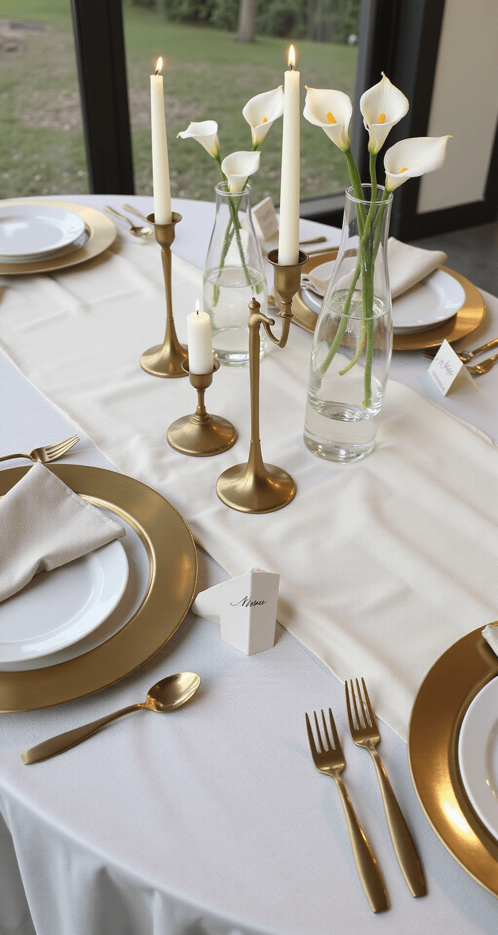 Elegant Minimalist Wedding Decor: How to Create a Stunning Celebration with Less Minimalist wedding table setup featuring a white linen tablecloth, cream silk table runner, brushed gold charger plates, white ceramic dinnerware, clear glass taper candle holders with ivory candles, white calla lily bud vases as centerpiece, simple folded napkins, and handwritten calligraphy menu cards, all illuminated by soft morning light.