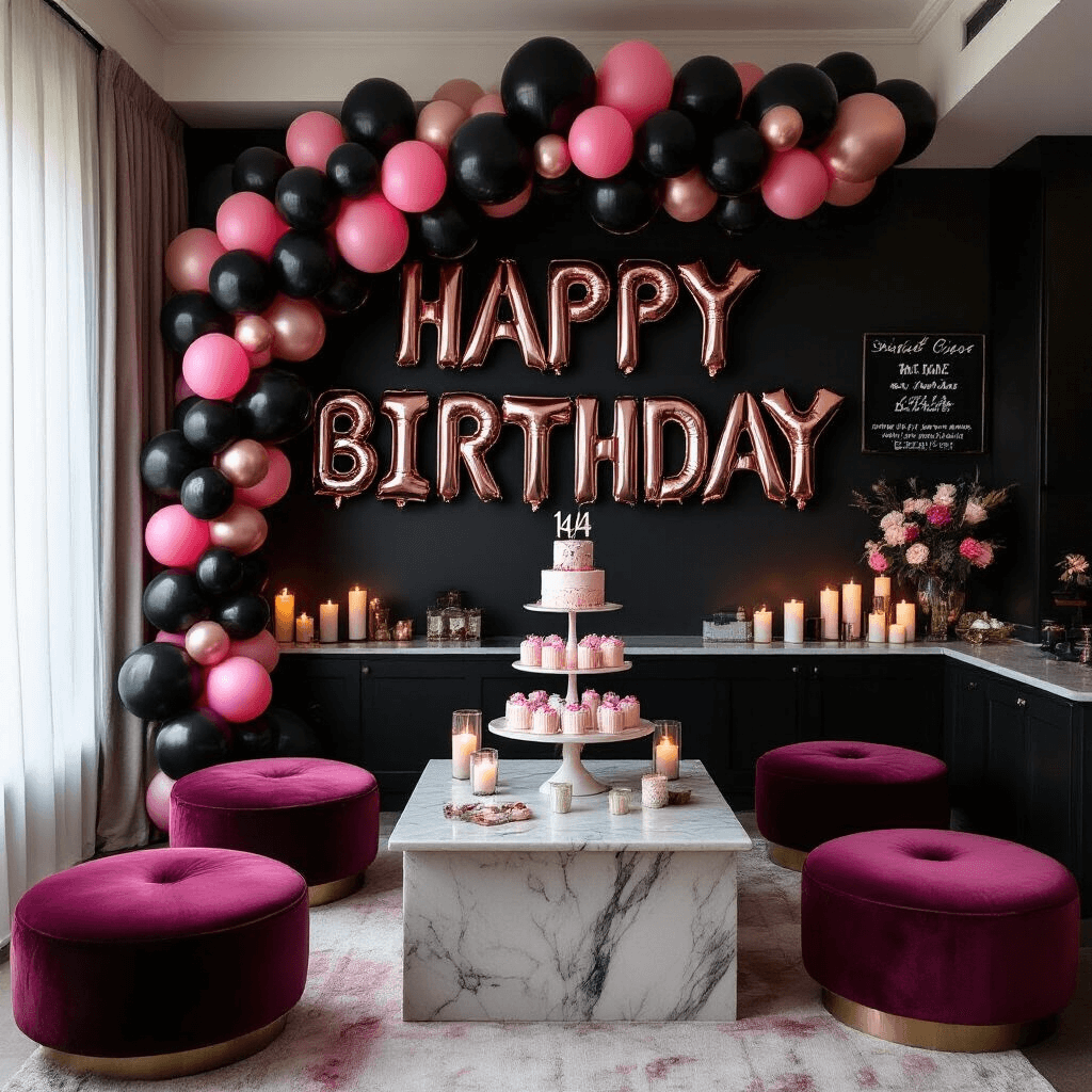 Black and Pink Balloon Decorations: Your Complete Guide to Party-Perfect Setups Intimate flat lay of a modern living room decorated for a milestone birthday, featuring a dramatic black and pink balloon garland, silver number balloons, deep burgundy velvet seating, a tiered birthday cake on a marble countertop, candlelight ambiance, and a sophisticated color palette of black, hot pink, rose gold, and cream.