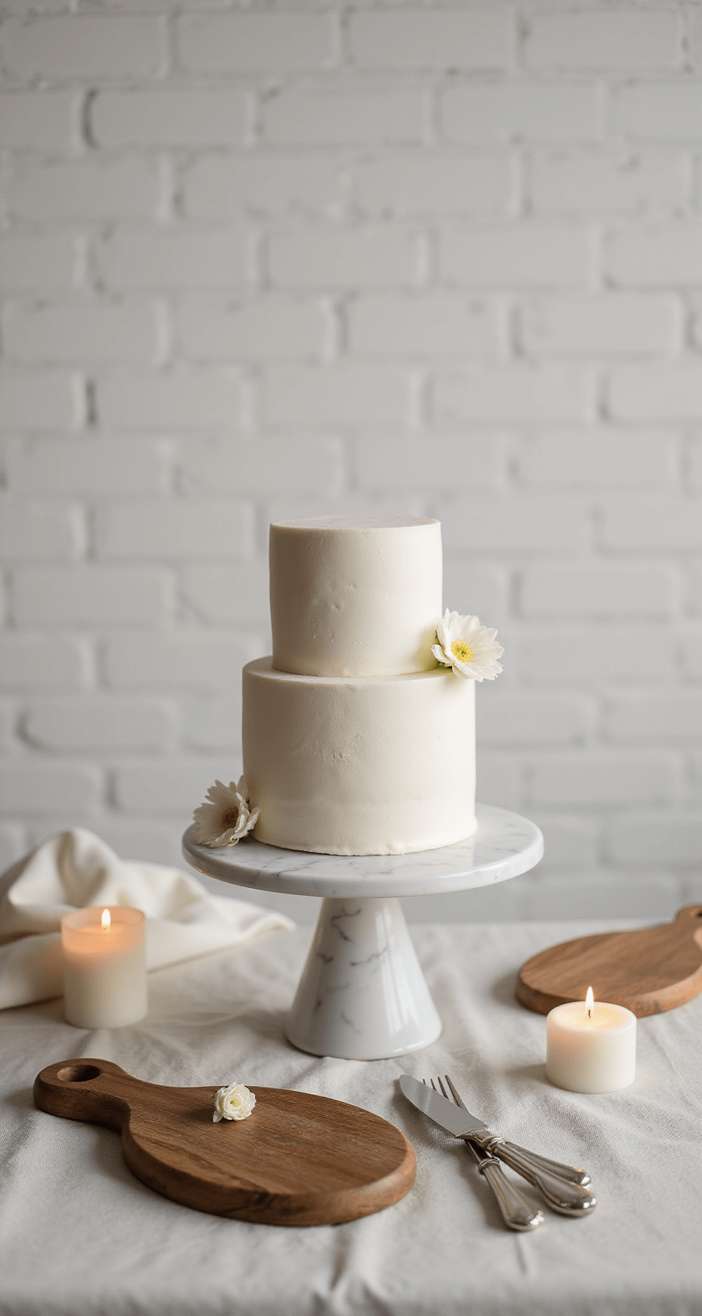 Elegant Minimalist Wedding Decor: How to Create a Stunning Celebration with Less Medium shot of a minimalist dessert display featuring a simple three-tier white cake on a marble cake stand, surrounded by small white pillar candles, with a neutral linen backdrop and a single white flower accent, in a warm-lit intimate dining room setting with exposed white brick walls.