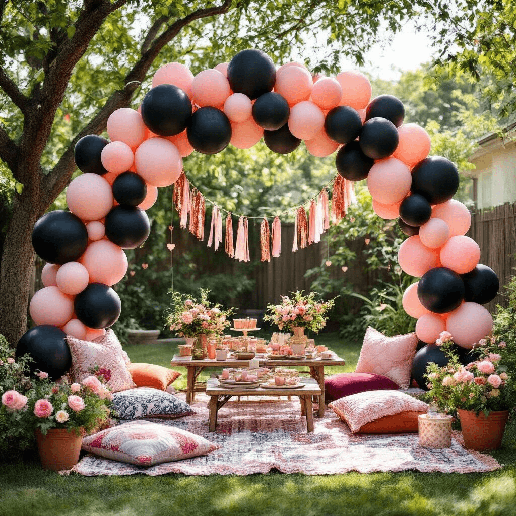 Black and Pink Balloon Decorations: Your Complete Guide to Party-Perfect Setups A wide-angle view of a stylish backyard garden party featuring a no-stand balloon arch made with fishing line, decorated with organic black and pink balloons, rose gold foil heart balloons, and festive streamers. Picnic setups with vintage quilts and velvet cushions create a cozy atmosphere, complemented by a gift table showcasing coordinated wrapping. Fresh florals in terracotta pots enhance the festive scene, all under the bright midday sun, embodying a cheerful blend of sophistication and fun.